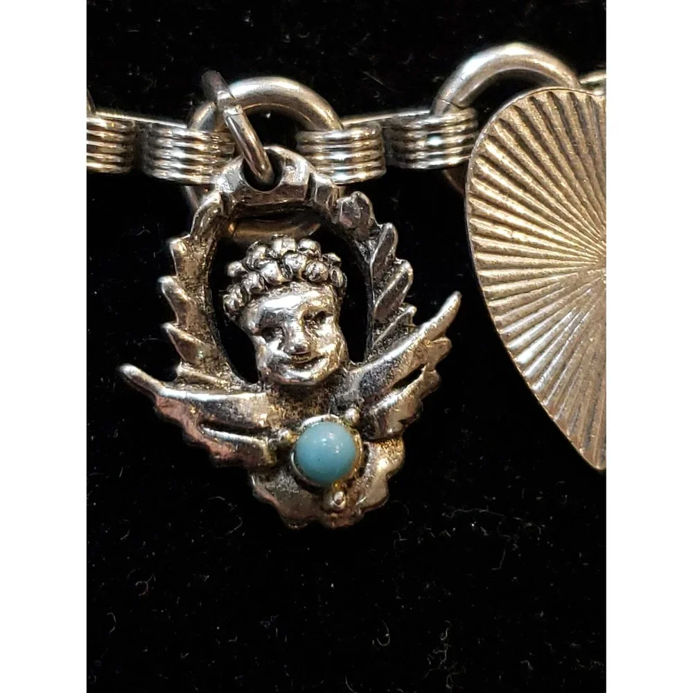 Vintage Unsigned Angel And Heart Silver Tone Charm Bracelet With Solid Clasp - Picture 1 of 6